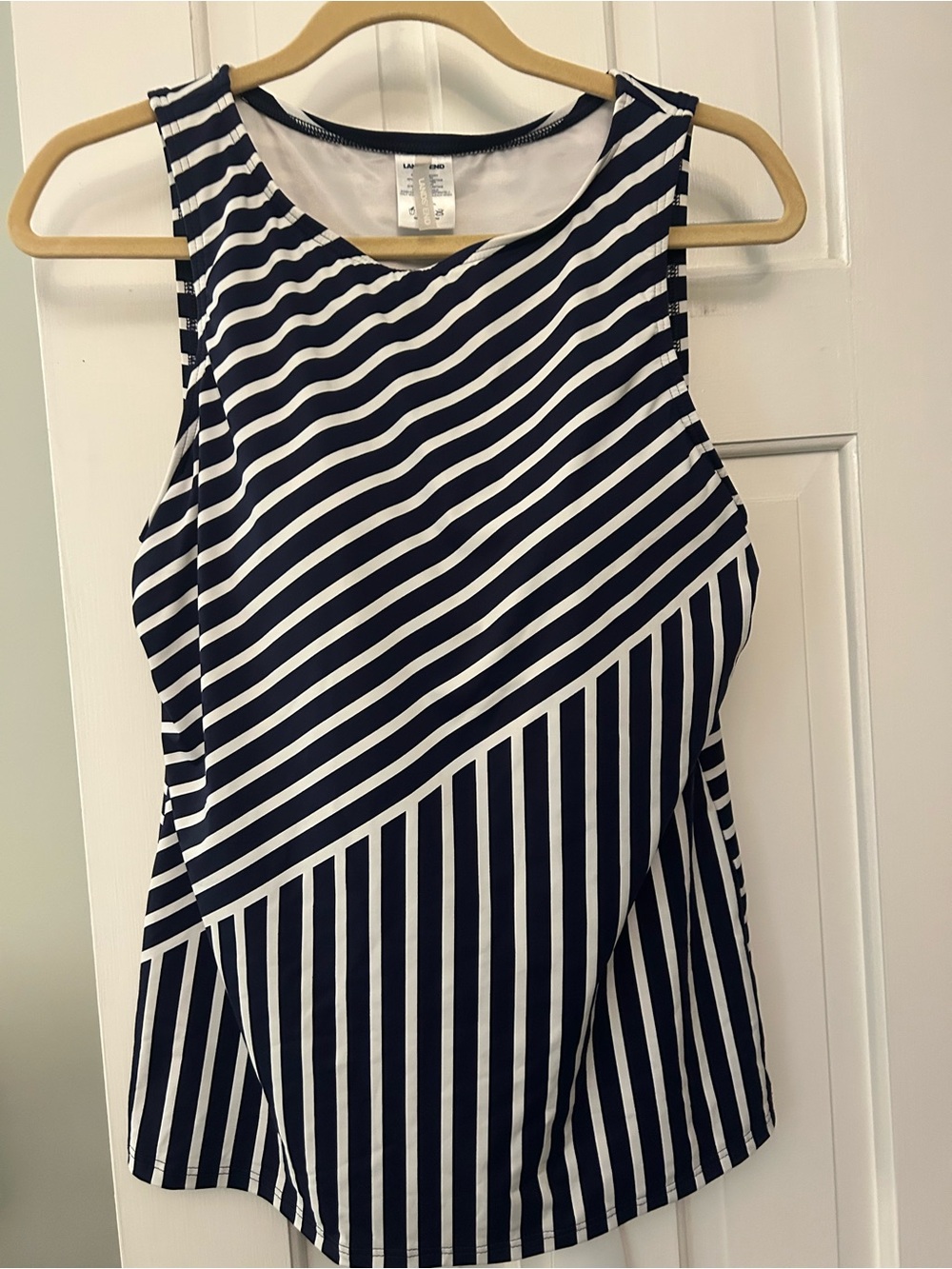 Lands' End Navy and White Sleeveless Striped Swim Top